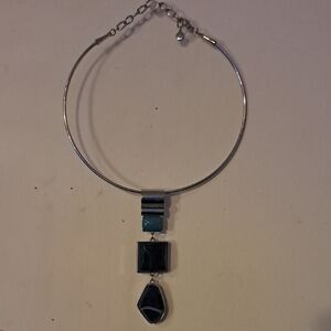Silver-Tone Pendant Choker Necklace with Blue and Teal Stones